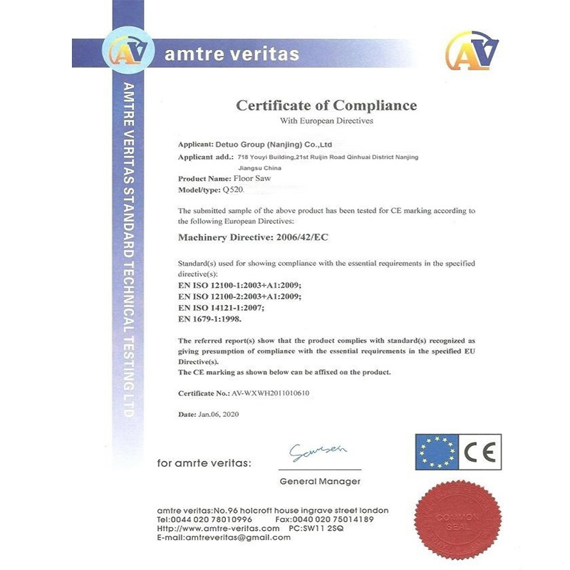 CE CERTIFICATE OF CONCRETE CUTTER